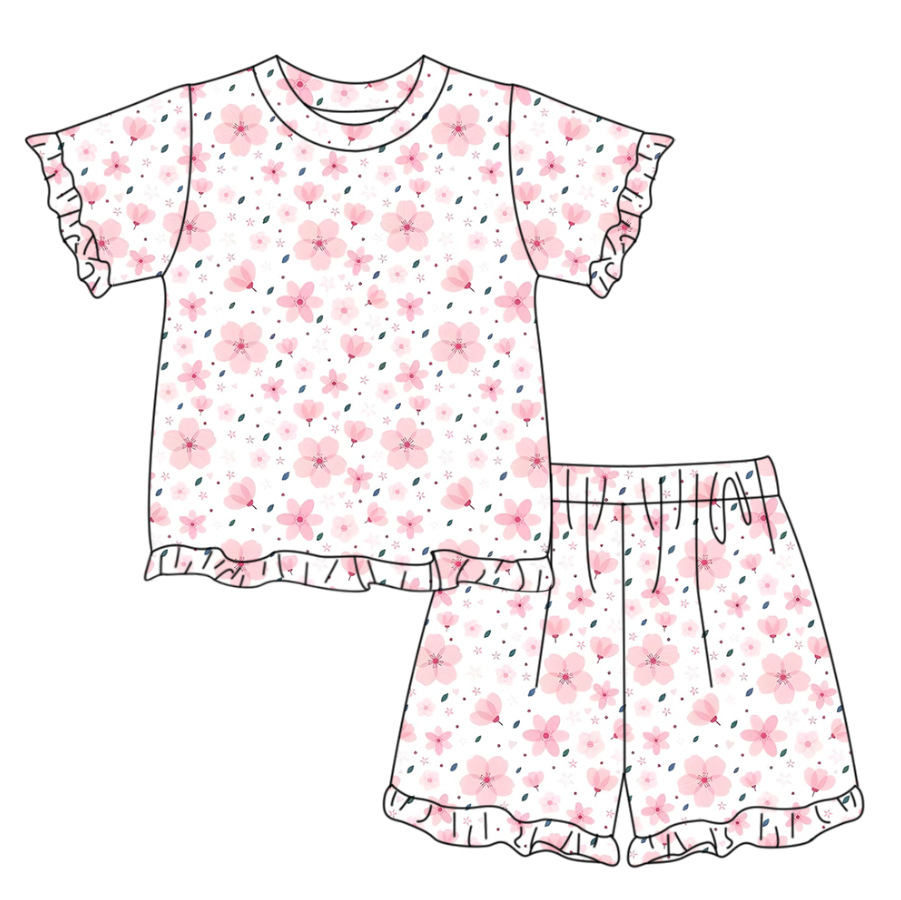 Pre order pink flower ruffle shorts set