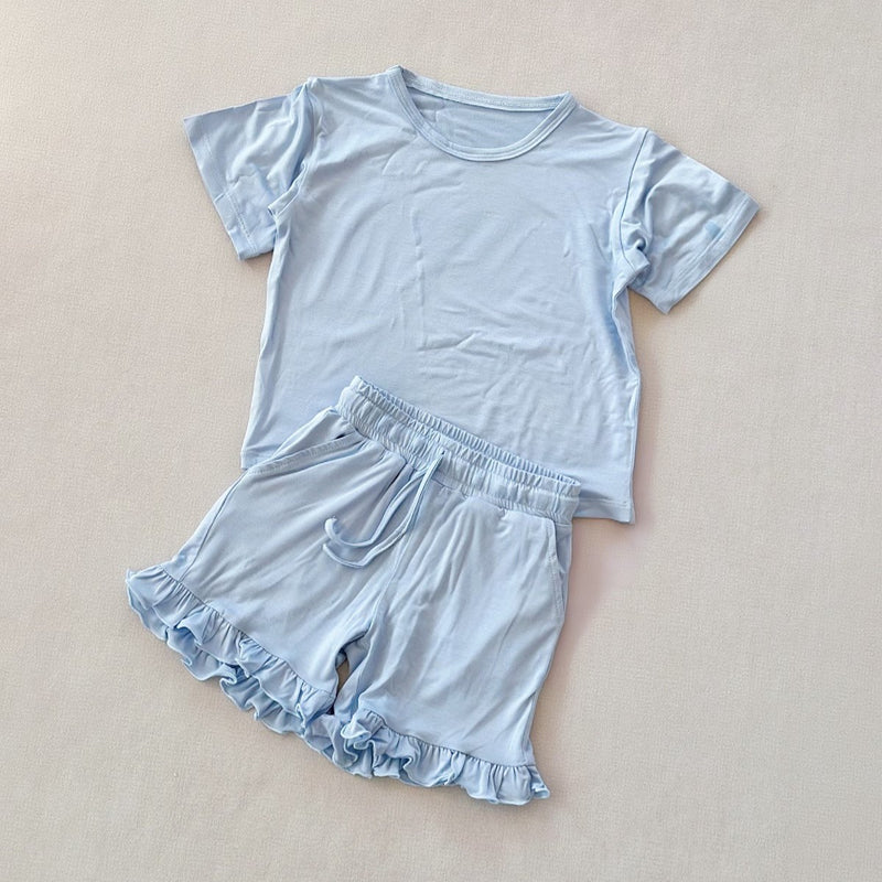 Pre order solid cotton blue ruffle shorts set