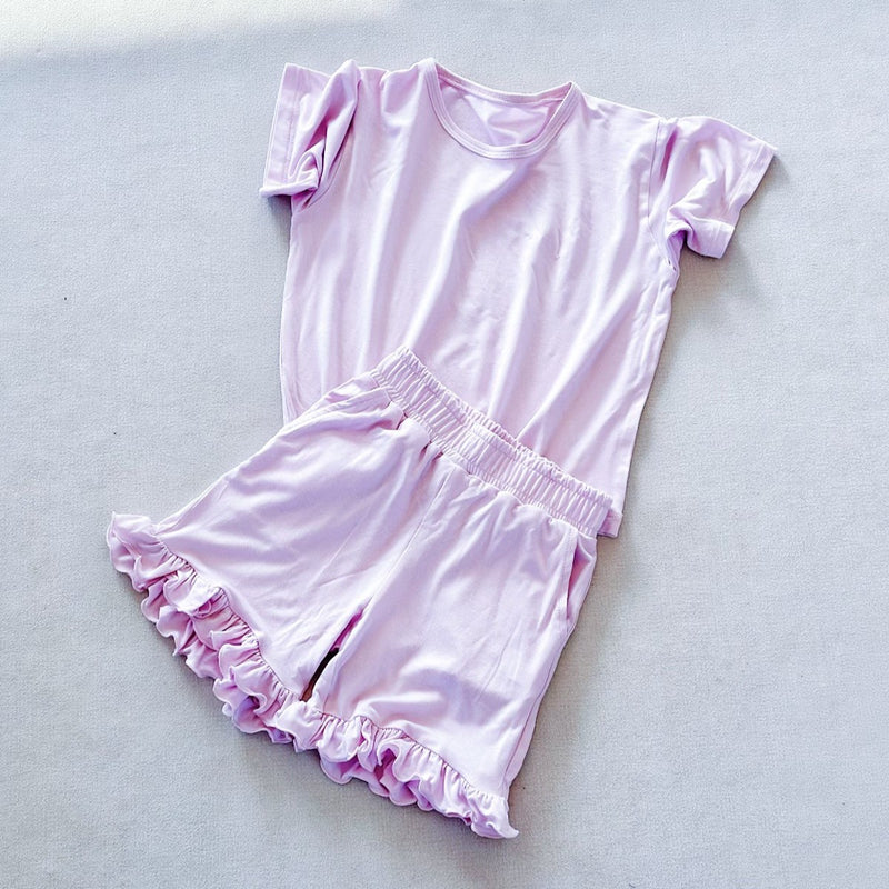 Pre order solid cotton lavender ruffle shorts set