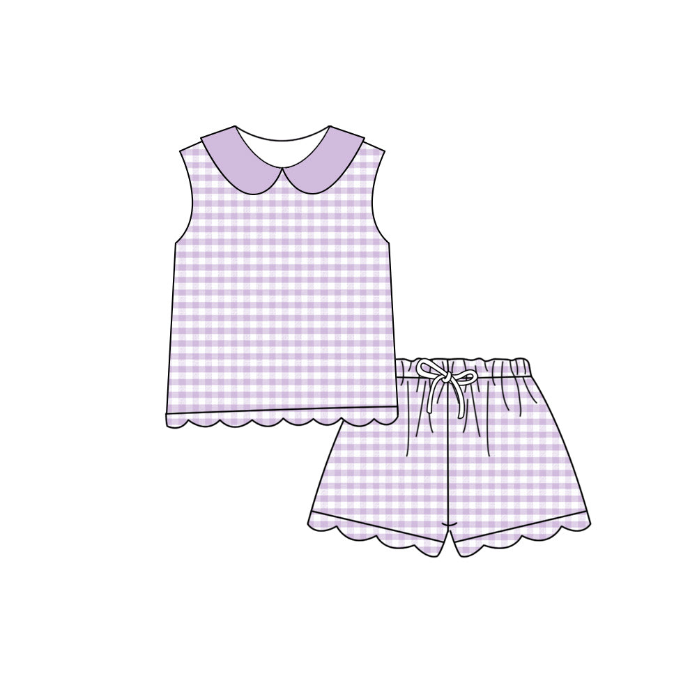 Pre order sleeveless purple gingham collared shorts set