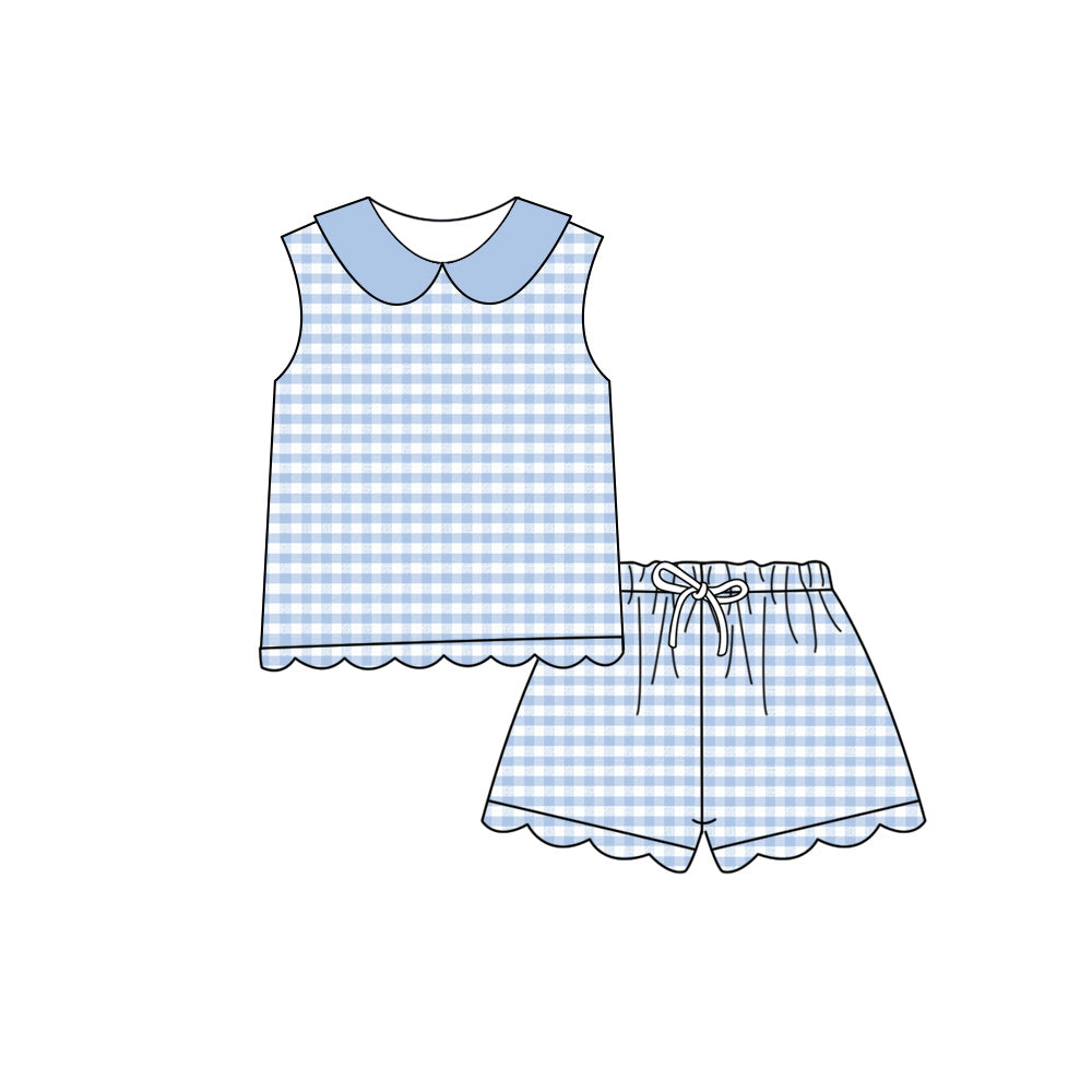 Pre order sleeveless blue gingham collared shorts set