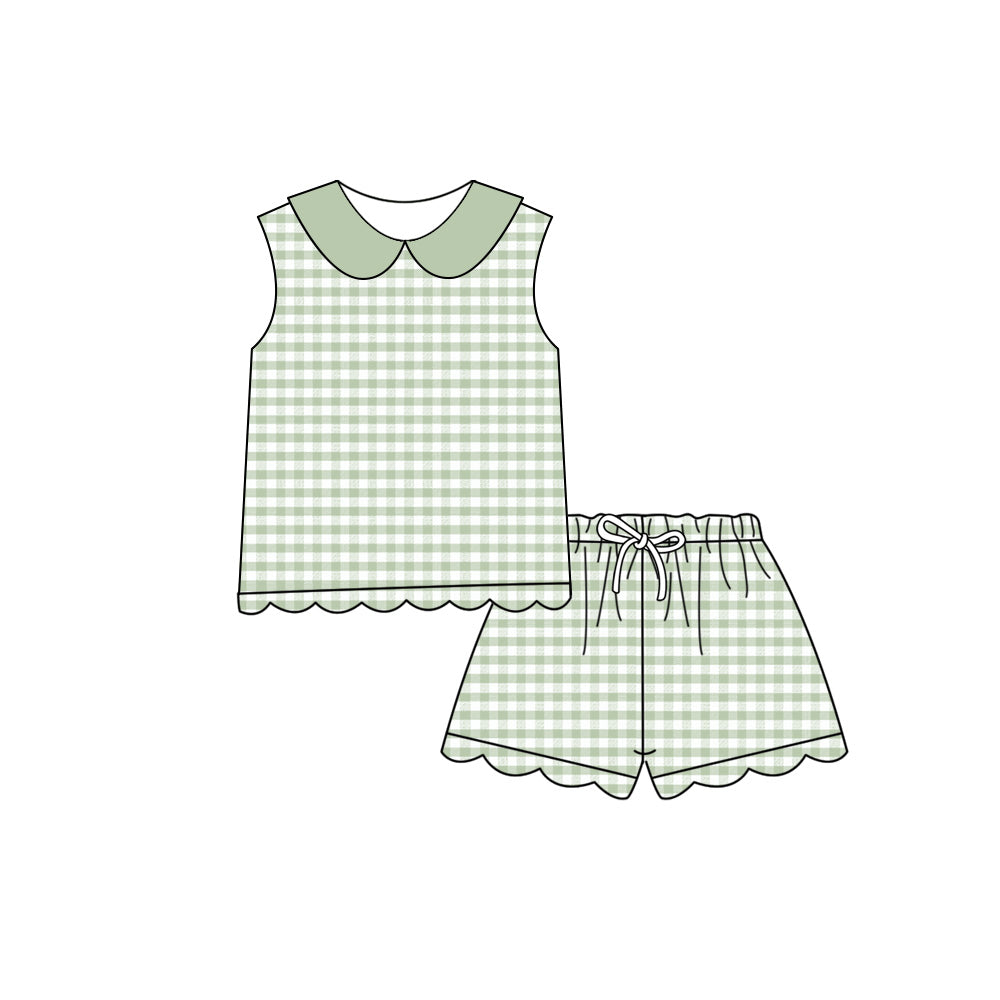 Pre order sleeveless green gingham collared shorts set