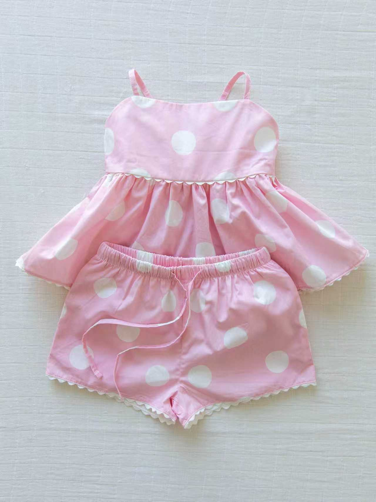 Pre order white dots on pink suspender shorts set