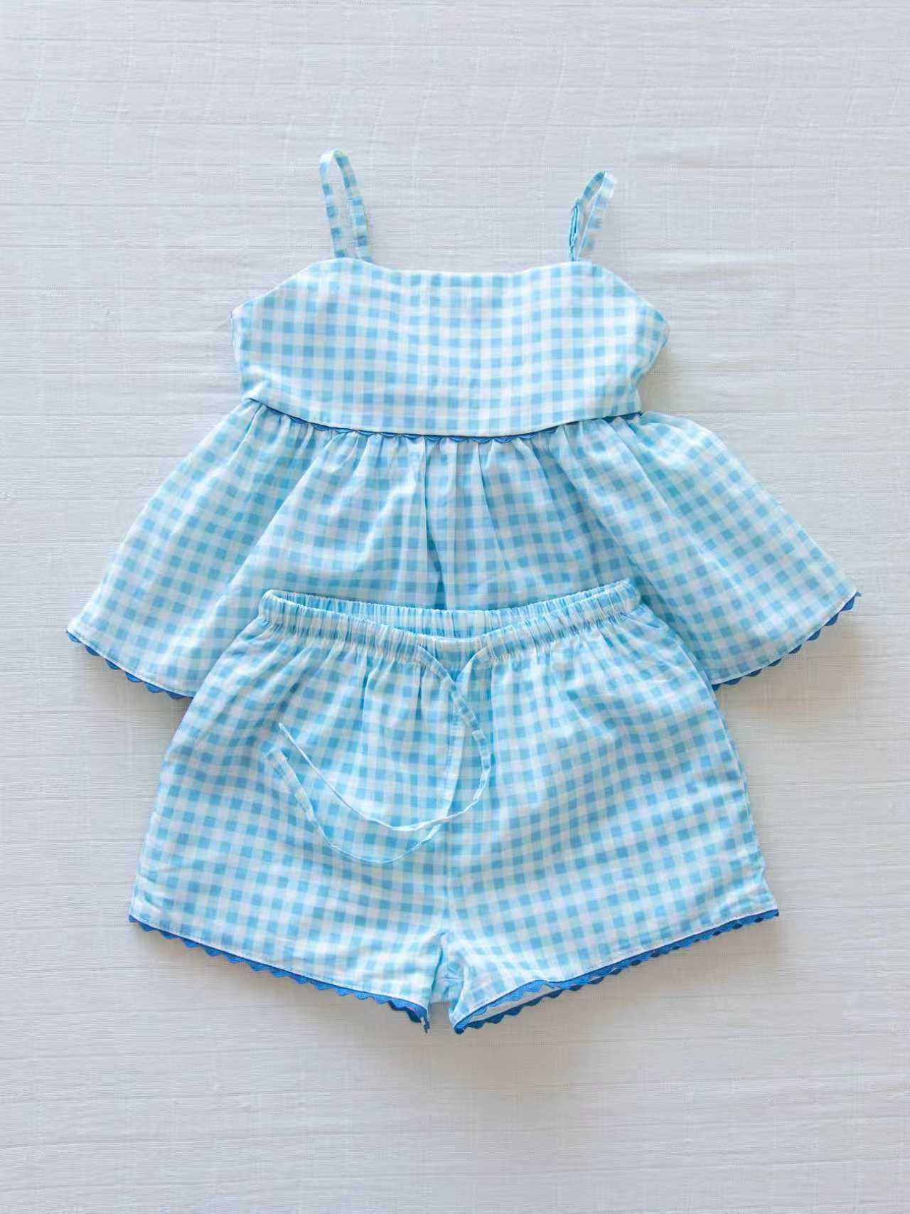 Pre order blue gingham suspender shorts set