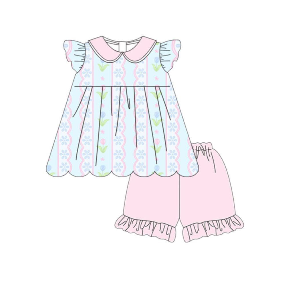 Pre order striped flower collared shorts set