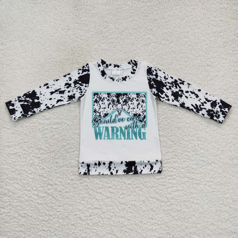 GT0294 White long-sleeved top with alpine cow head and cow pattern