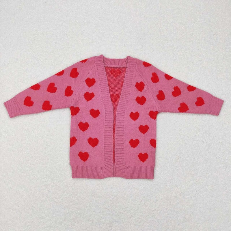 GT0372 Red Heart Rose Pink Pocket Long Sleeve Sweater Cardigan
