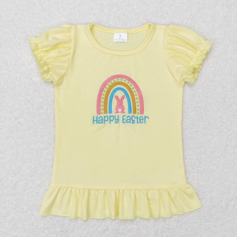 GT0392 Embroidered Letter Rabbit Rainbow Yellow Lantern Sleeve Short Sleeve Top