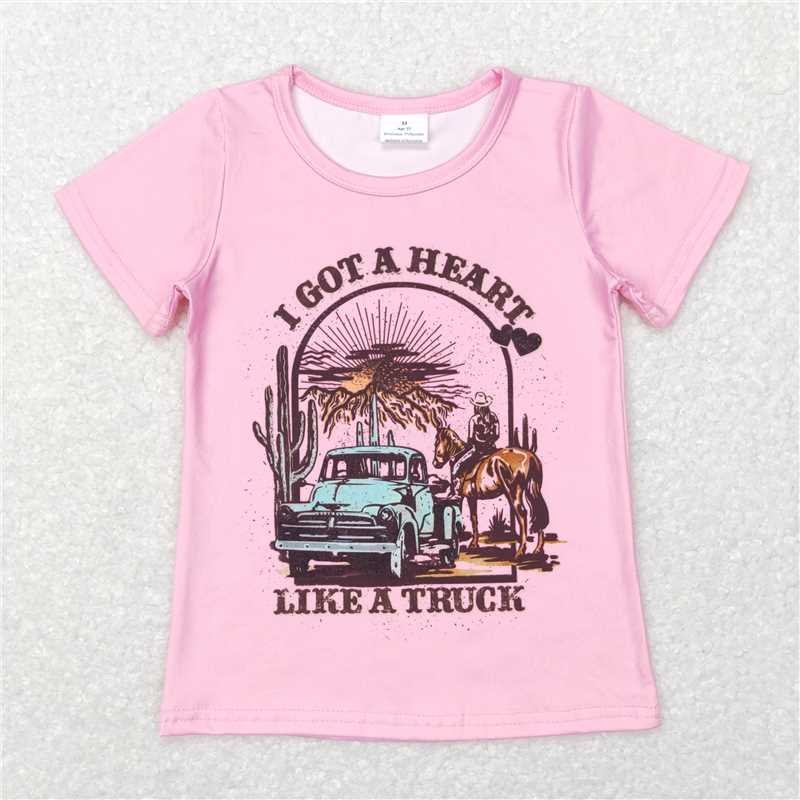GSPO1192 Horse Truck Pink Short Sleeve Leopard Print Flared Pants Black Trousers Set