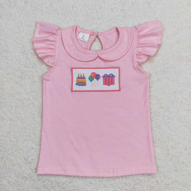 GT0501 Embroidery birthday cake gift balloon pink flying sleeve top