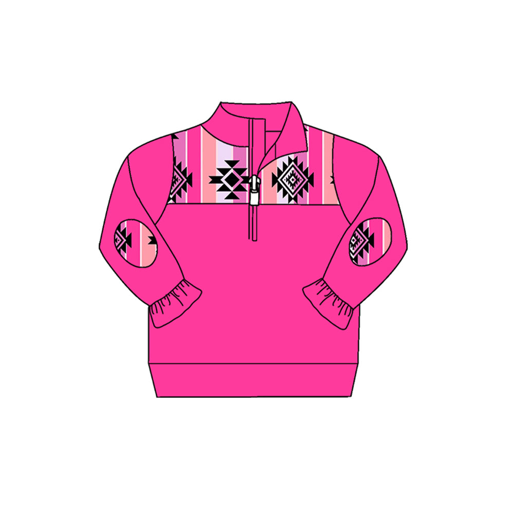 presale GT0608 Geometric pink striped lace zippered long-sleeved top