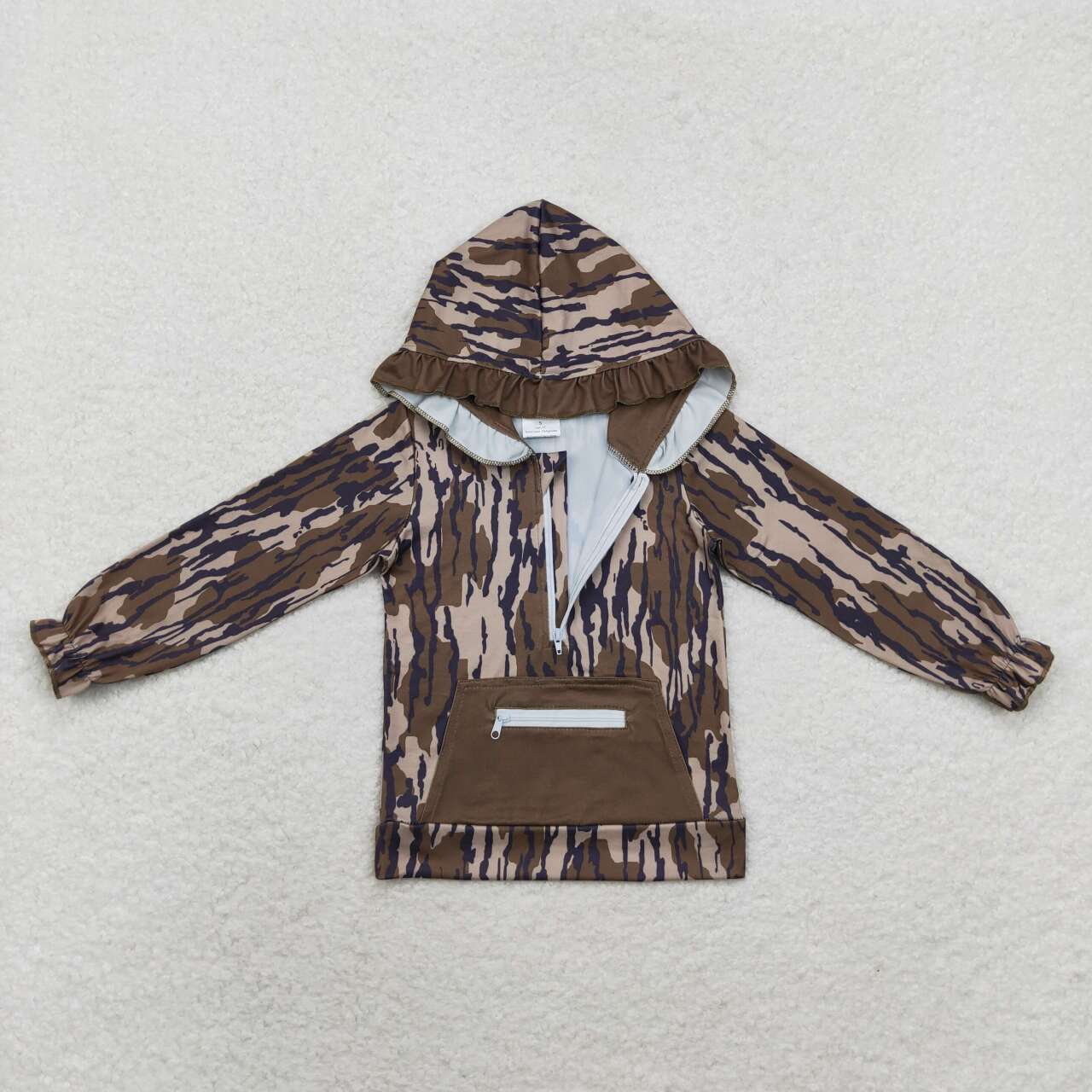 GT0628 Army Green Camouflage Zipper Pocket Lace Hooded Long Sleeve Top