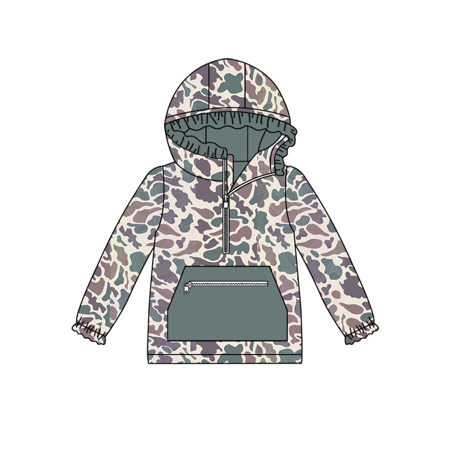 GT0629 Brown Green Camouflage Zipper Pocket Lace Hooded Long Sleeve Top