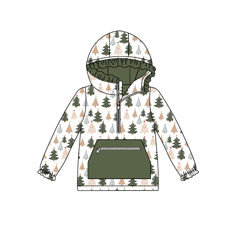 preorder GT0632 Christmas Tree Zipper Green Pocket Lace Hooded Long Sleeve Top