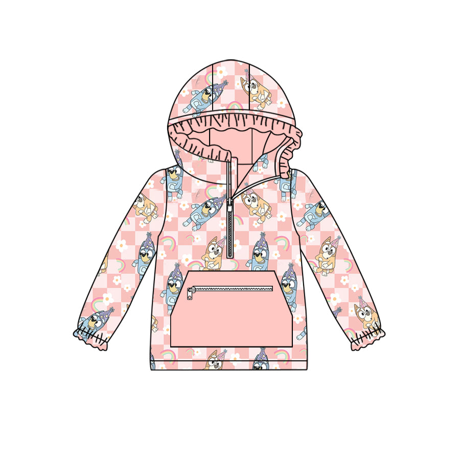 GT0633 Rainbow Flower Plaid Pink Pocket Lace Zipper Hooded Long Sleeve Top