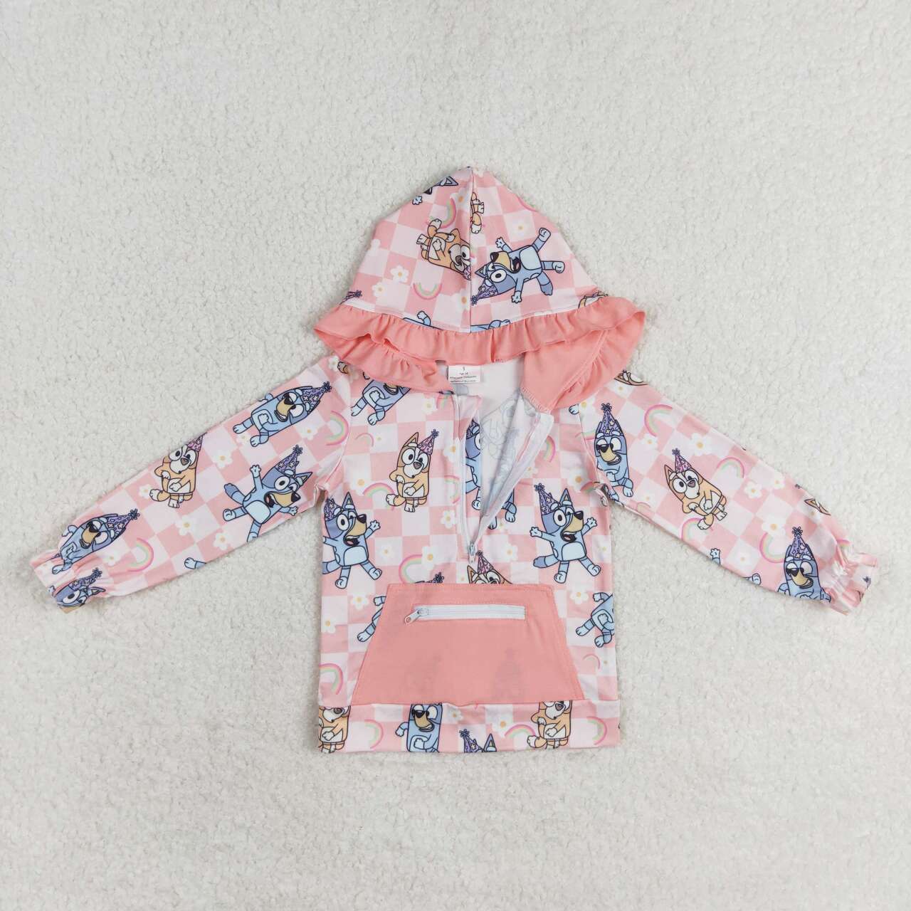 GT0633 Rainbow Flower Plaid Pink Pocket Lace Zipper Hooded Long Sleeve Top