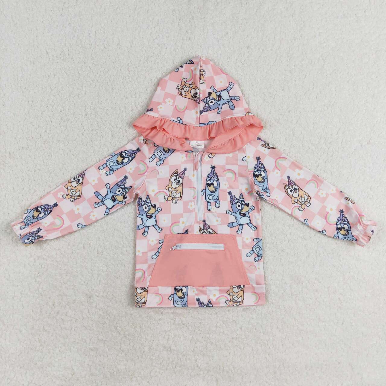 GT0633 Rainbow Flower Plaid Pink Pocket Lace Zipper Hooded Long Sleeve Top