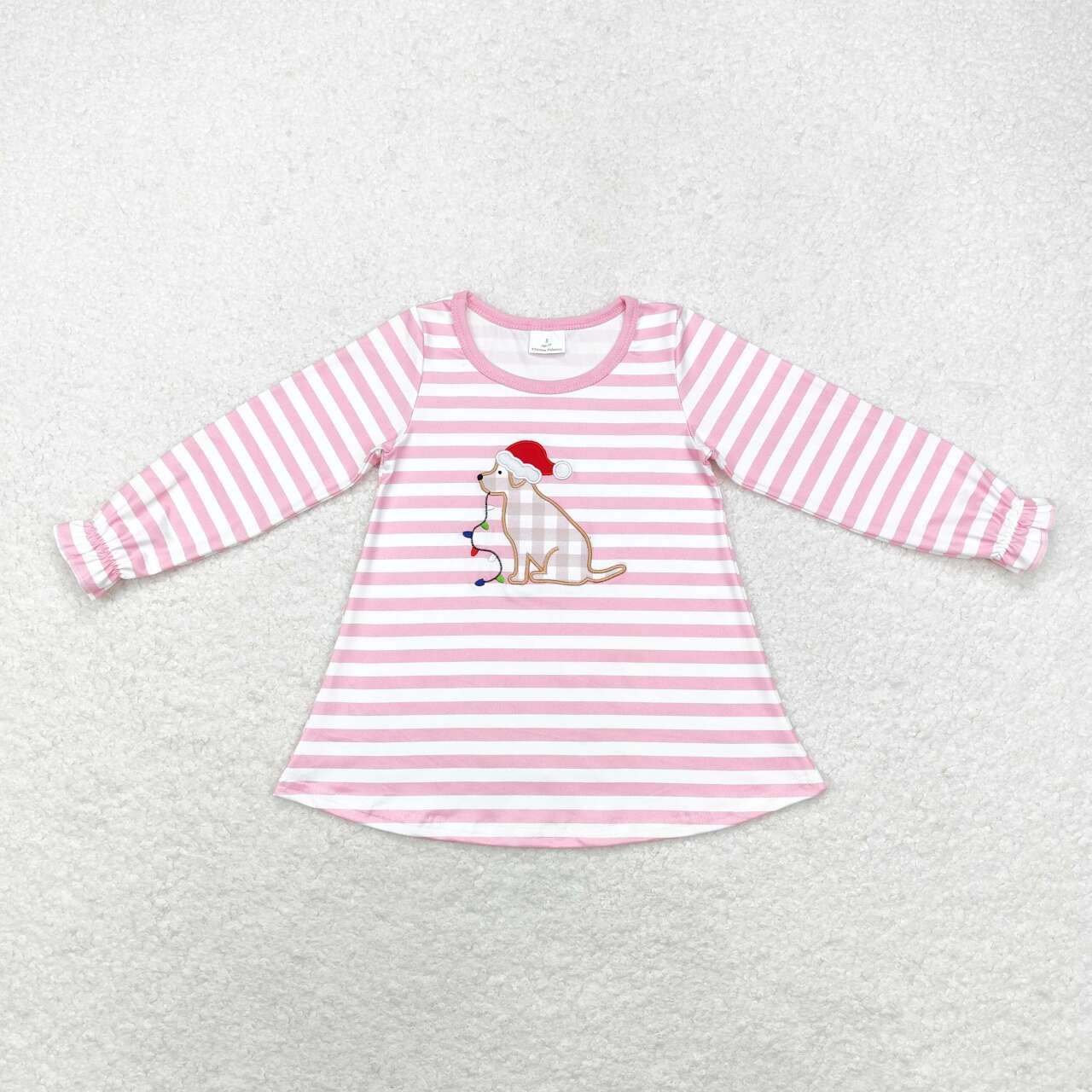GT0659 Christmas hat puppy light striped pink and white long-sleeved top