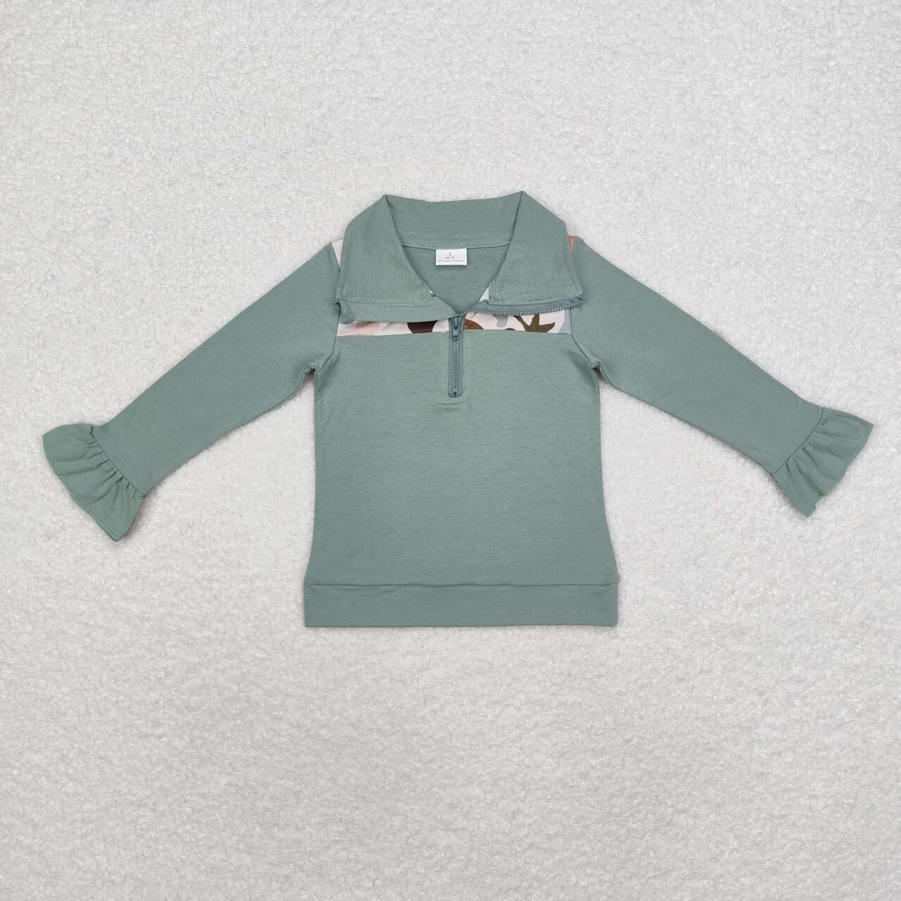GT0669 Puppy Duck Camouflage Lace Green Zipper Long Sleeve Top