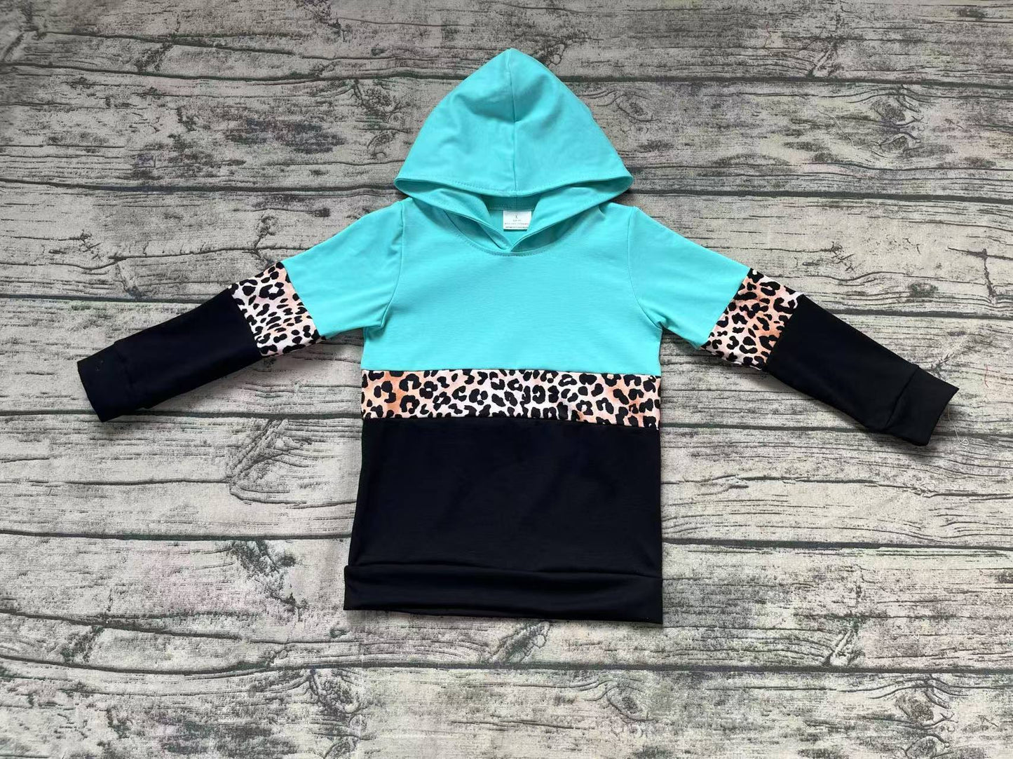 GT0846 Leopard print grey green hooded long sleeve top