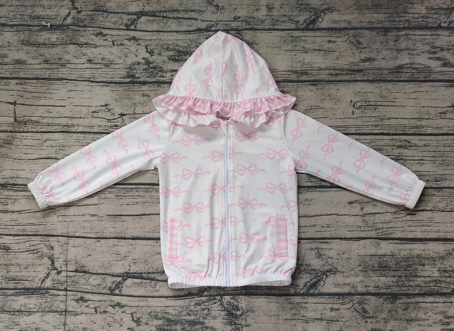 GT0873 Pink and White Plaid Zippered Hooded Long Sleeve Top with Bow Pattern