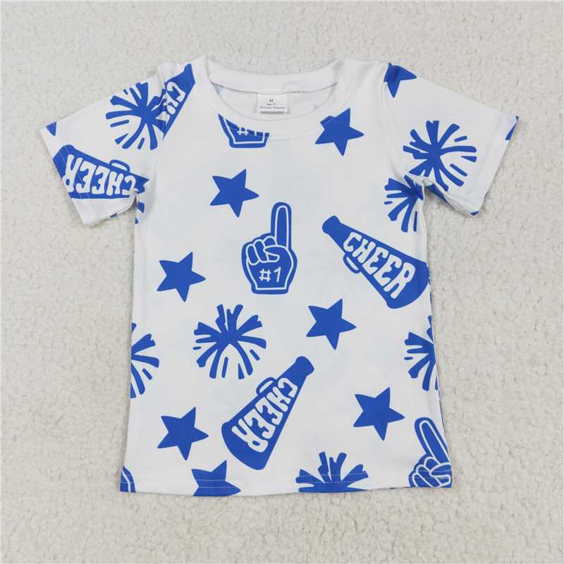 GT0941 +SS0424 Baby Girls Blue Fireworks Stars White Short Sleeve Top White Cotton Bow Sports Shorts Bottoms Set D 3.14