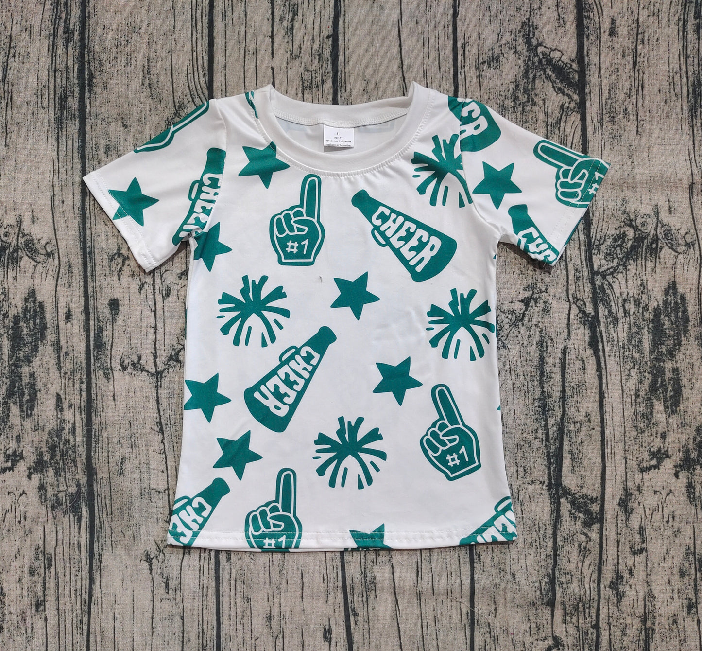 GT0955 Baby Girls White Short Sleeves Green Fireworks CHEER Shirts Top D 6.5