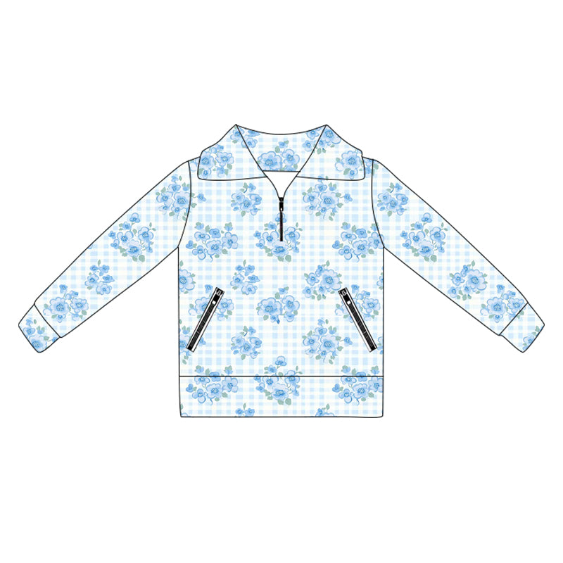 presale GT1064 Baby Girls Long Sleeves Blue Flowers Plaid Pockets Zipper Yoga Jackets D 5.30