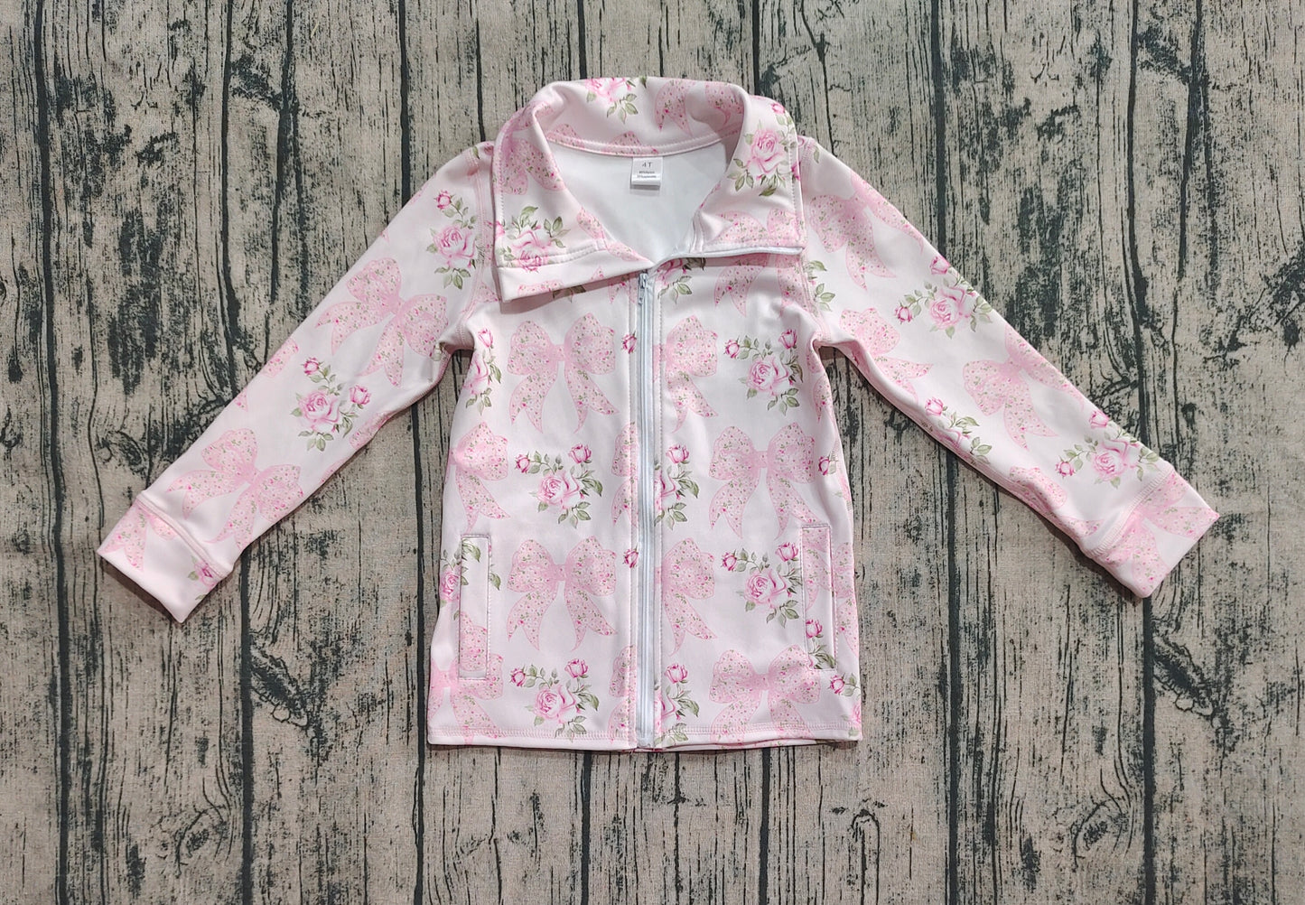 GT1075 Baby Girls Long Sleeves Pink Floral Bows Zipper Pockets Yoga Jacket Top D 7.14