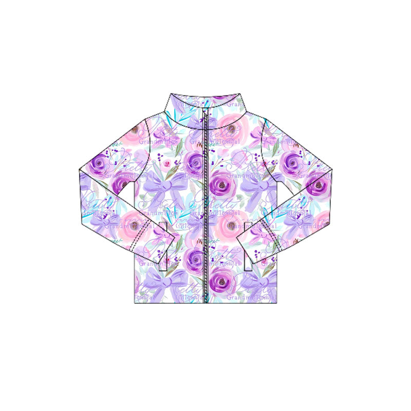 GT1083 Baby Girls Long Sleeves Purple Floral Bows Zipper Pockets Yoga Jacket Top D 1021