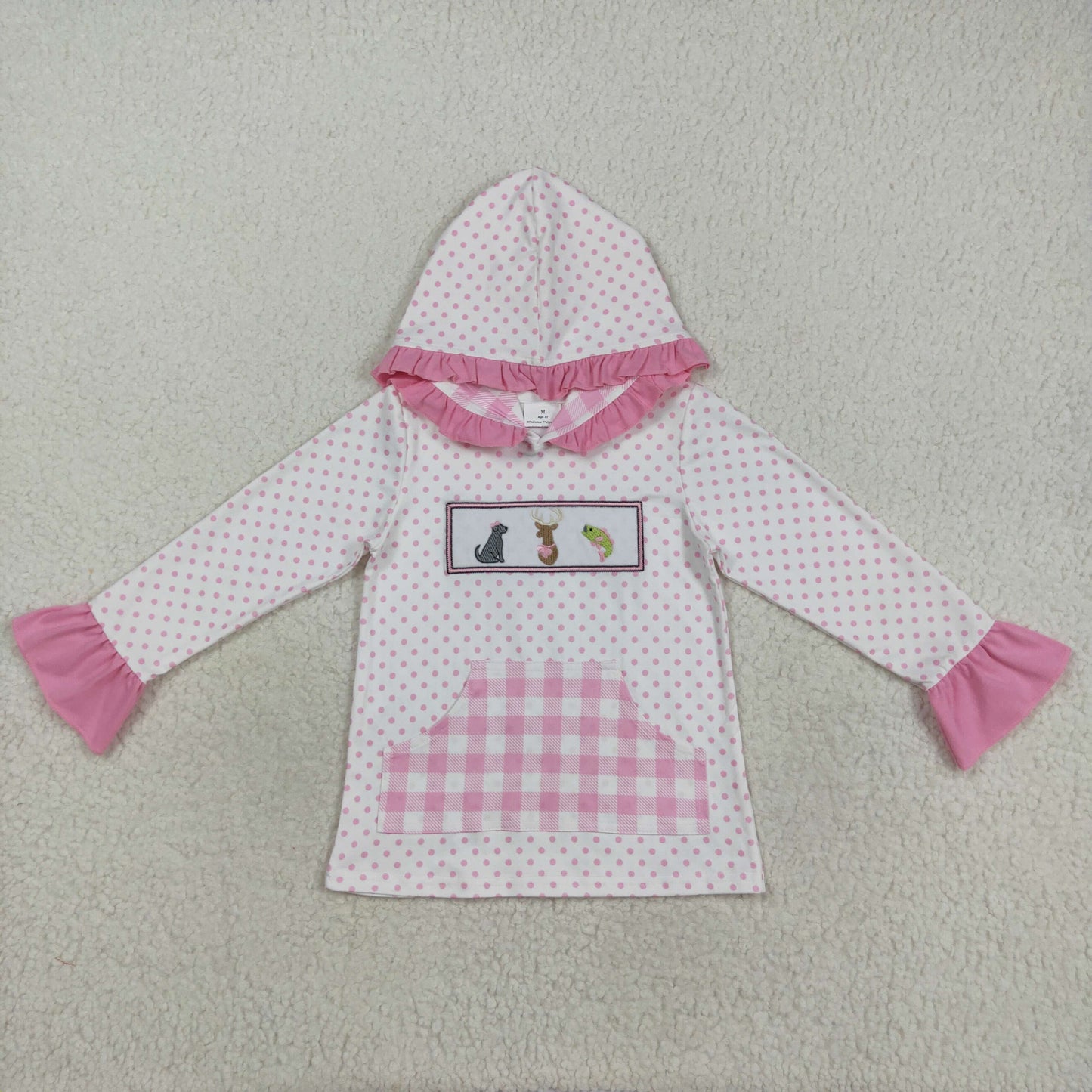 GT1106 Embroidery Dogs Deer Fish Baby Girls Polka Dots Pocket Hoodies Top D 7.3