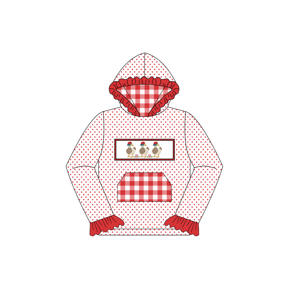 presale GT1107 Baby Girls Polka Dots Long Ruffle Sleeves Ducks Pocket Hoodies Top D 7.3