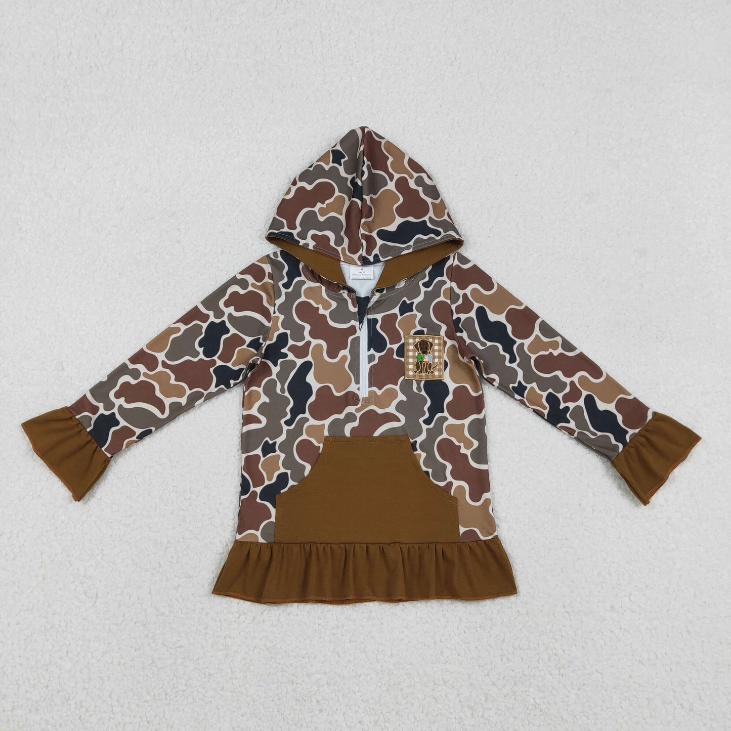 Sibling Baby Kids Brown Camouflage Embroidery Hoodie with Dog Duck Pocket Zipper Hunting Top for Children