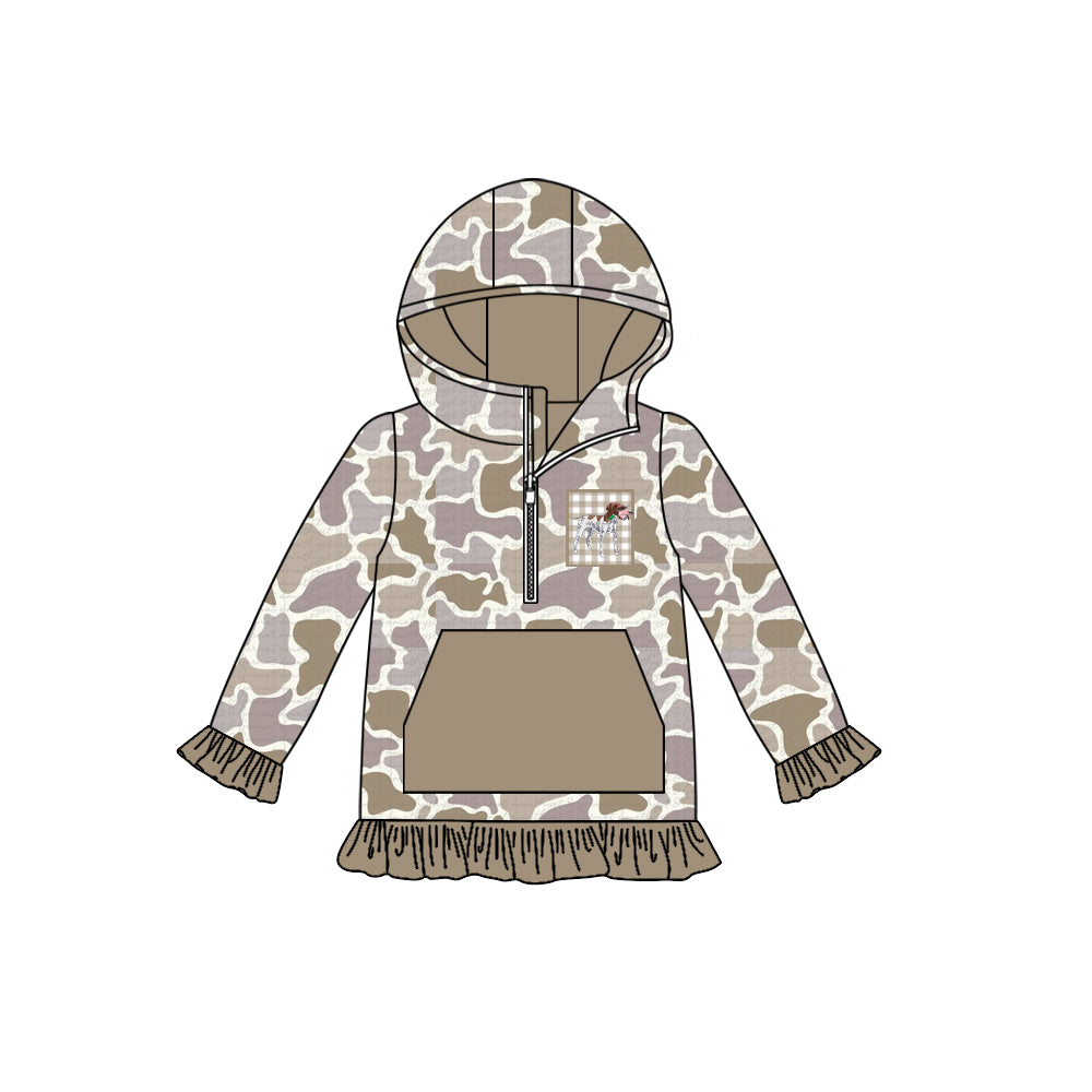 GT1134 Embroidery Dog Ducks Baby Girls Brown Camo Pocket Zip Hunting Hoodies Top D 930