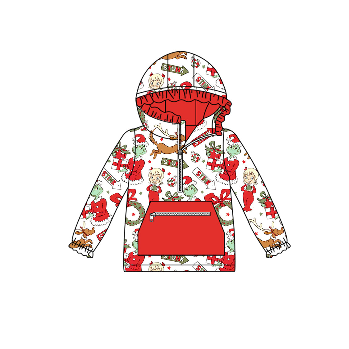 presale GT1146 Girls' Red and White Hooded Long-Sleeved Top with Puppy Garland Pocket D 8.4