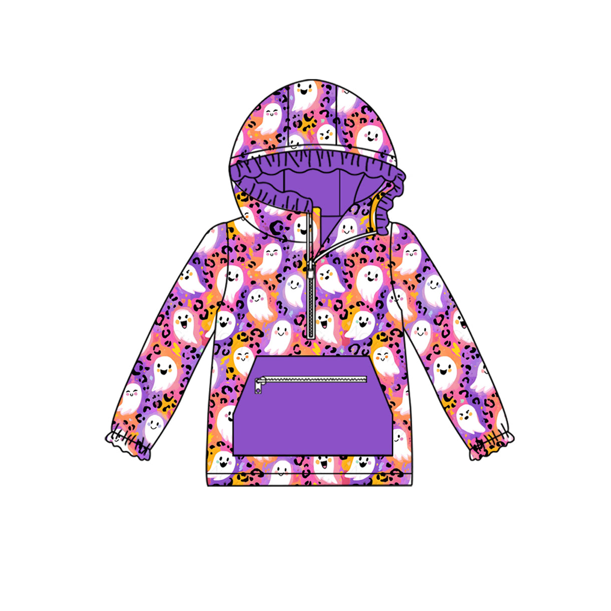 GT1155 Baby Girls Purple Leopard Ghost Pocket Zipper Halloween Hoodies Top D 903