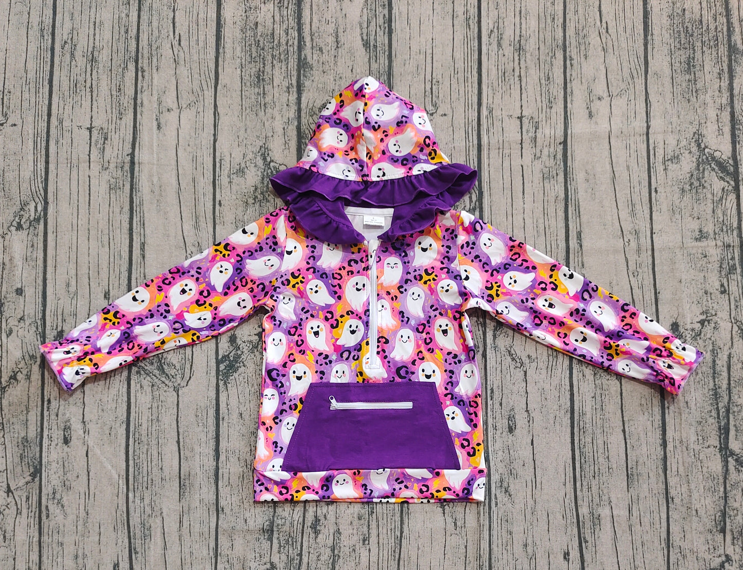 GT1155 Baby Girls Purple Leopard Ghost Pocket Zipper Halloween Hoodies Top D 903