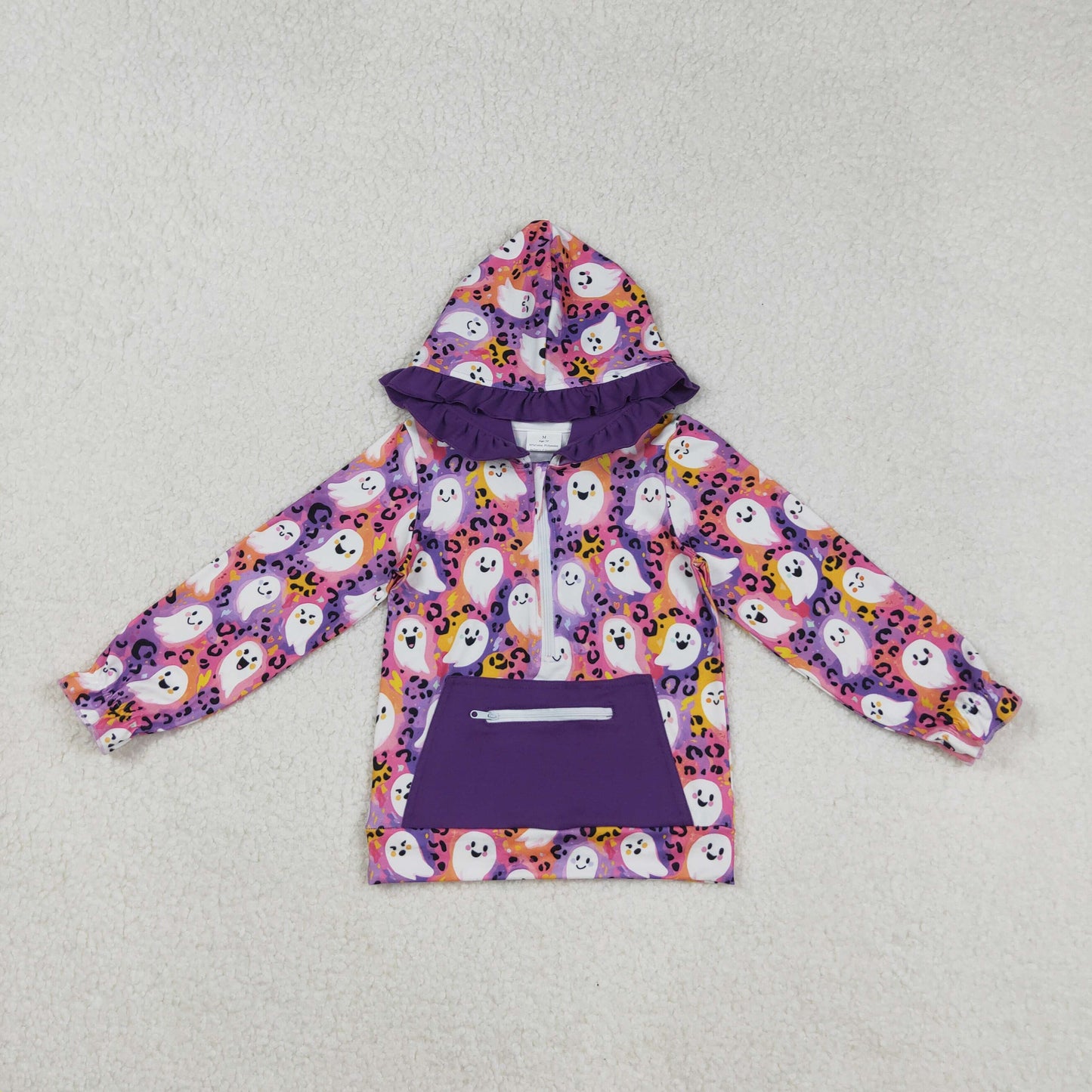 GT1155 Baby Girls Purple Leopard Ghost Pocket Zipper Halloween Hoodies Top D 903