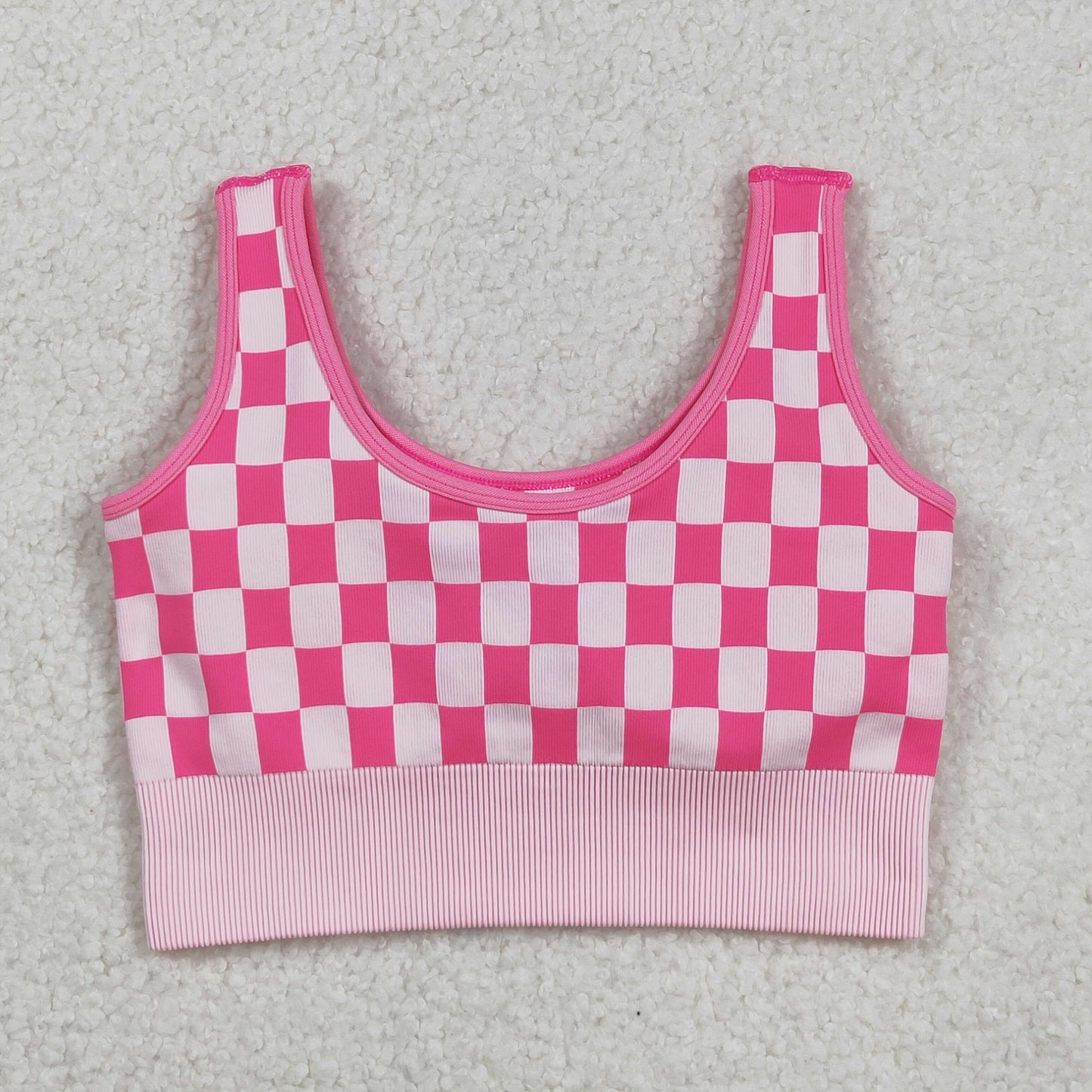 GT1190 Adult Women Pink Checkered Knitted Yoga Crop Bra Tops D 903