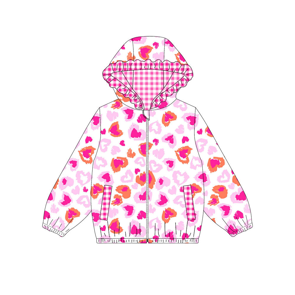 presale GT1219 Baby Girls Pink Hearts Leopard Pocket Zipper Ruffle Hoodies Jackets Top D 909