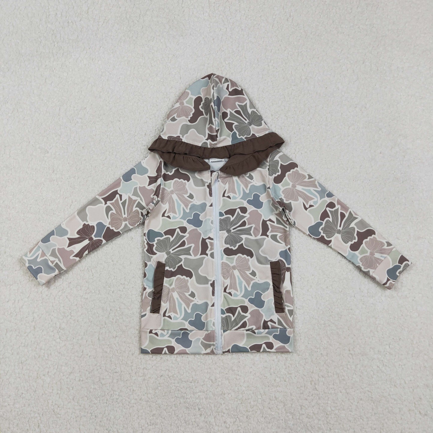 GT1263 Baby Girls Bows Camo Pockets Zipper Hunting Ruffle Hoodies Top D 1122