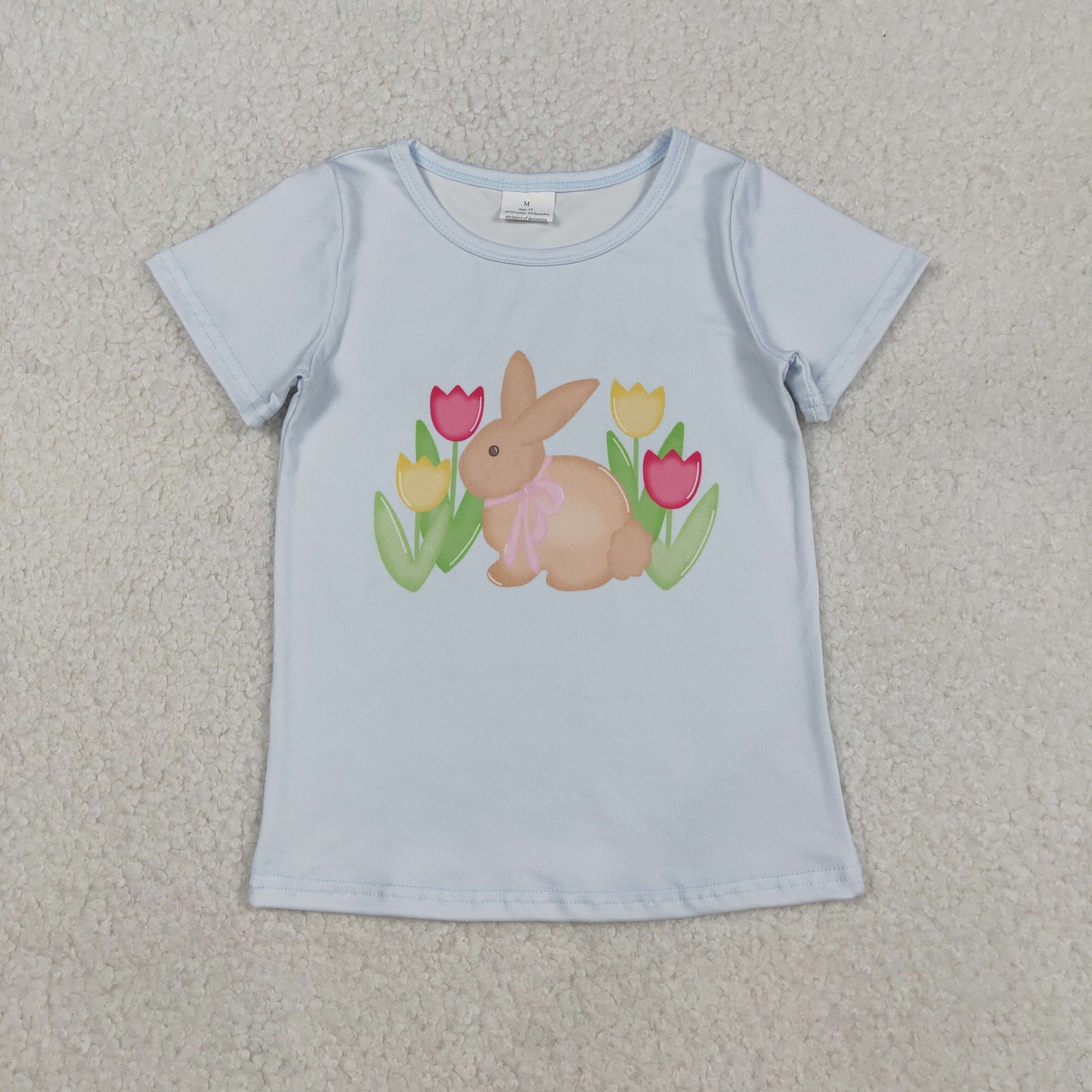 Sibling Baby Girls Short Sleeve T-shirt Easter Themed with Cross Rabbits And Flowers Tops for Spring