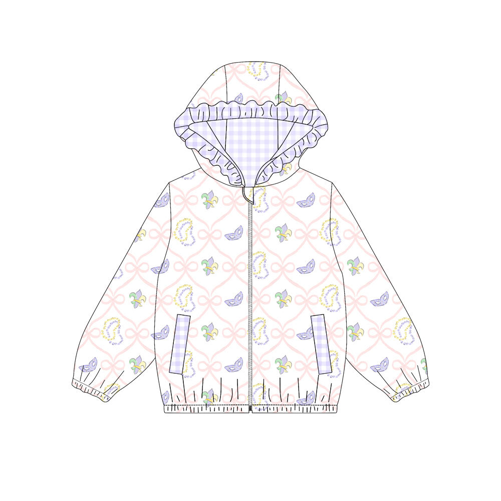 presale GT1401 Baby Girls Anchors Bows Checked Zipper Pockets Mardigras Ruffle Hoodies Jackets D 1108