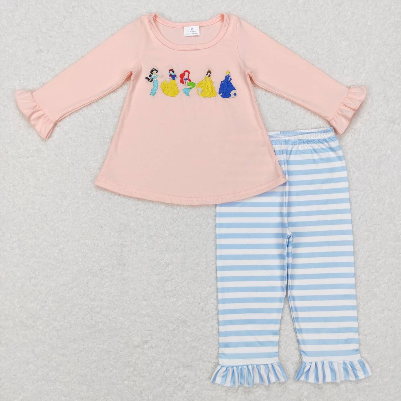 GLP0859 Embroidered Pink Lace Long Sleeve Blue and White Striped Pants Suit