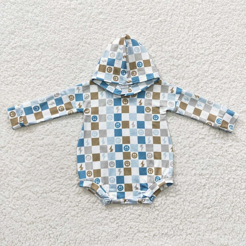 LR0268 Happy Blue Plaid Hooded Long Sleeve Bodysuit