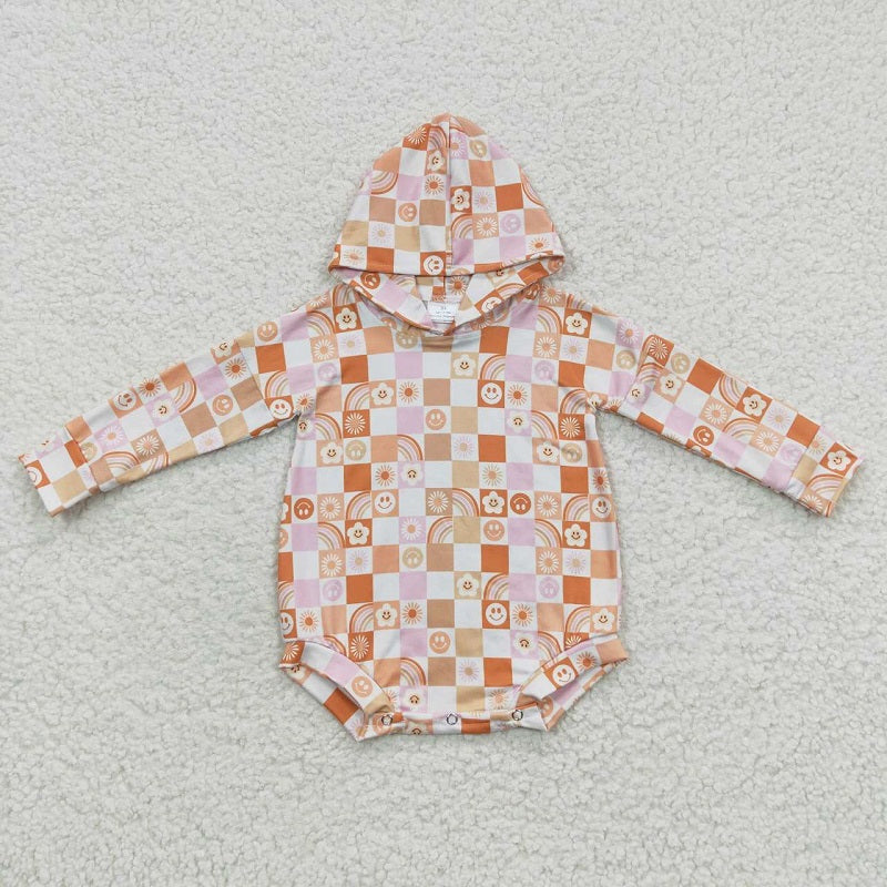 LR0271 Happy Orange Plaid Hooded Long Sleeve Bodysuit