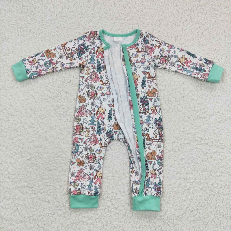 LR0296 Christmas cartoon dog green zipper long sleeve jumpsuit