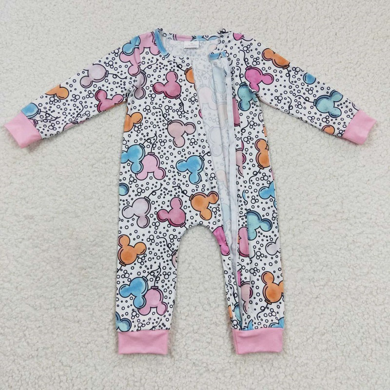 LR0300 Cartoon Print White Zipper Long Sleeve Bodysuit