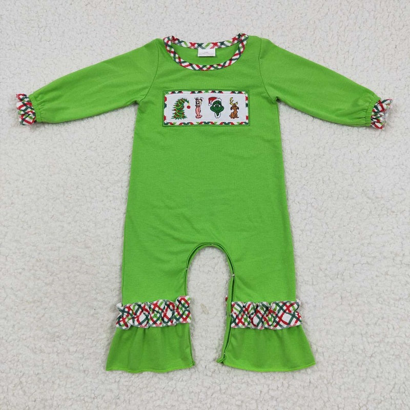 LR0324 Girls Christmas Embroidery Cartoon Dog Plaid Green Long Sleeve Onesie