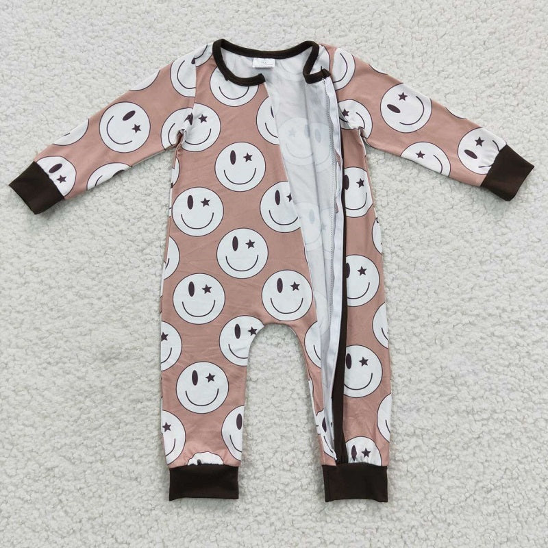LR0332 Smile Brown Zip Long Sleeve Bodysuit